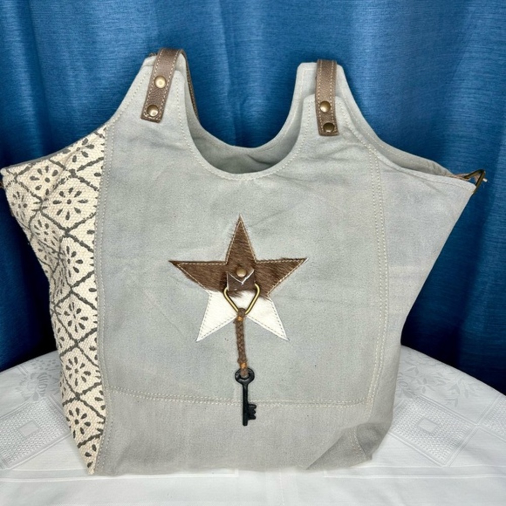 Boho Canvas Tote Bag Star Key Charm Blue Beige Patterned - NWT